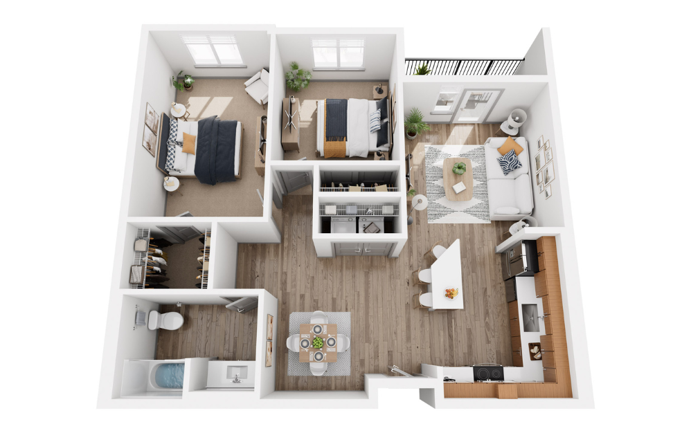 Two Bedroom One Bath 4 - Renovated - 2 bedroom floorplan layout with 1 bathroom and 1037 square feet