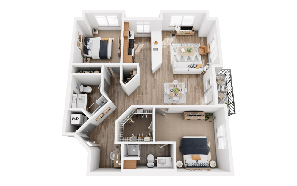 Two Bedroom Two Bath 5 - Classic - 2 bedroom floorplan layout with 2 bathrooms and 1166 square feet