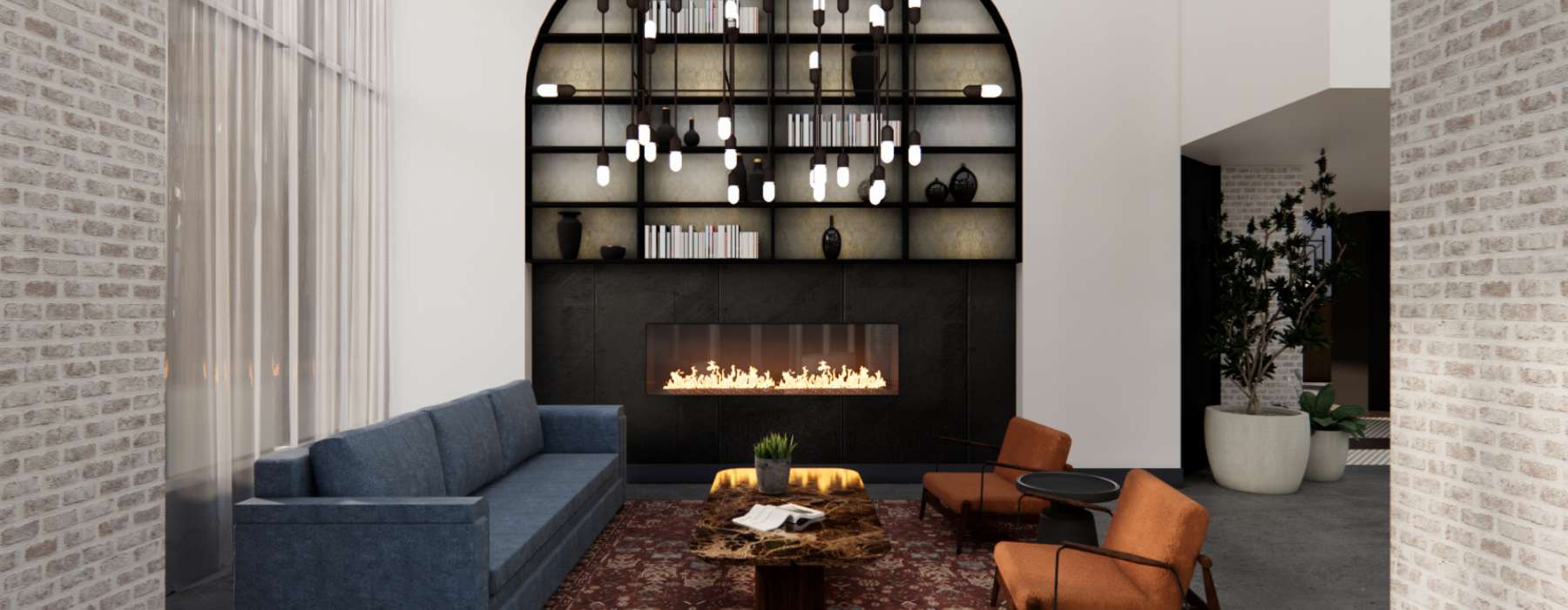 a living room with a couch and coffee table renovated rendering for the entance 