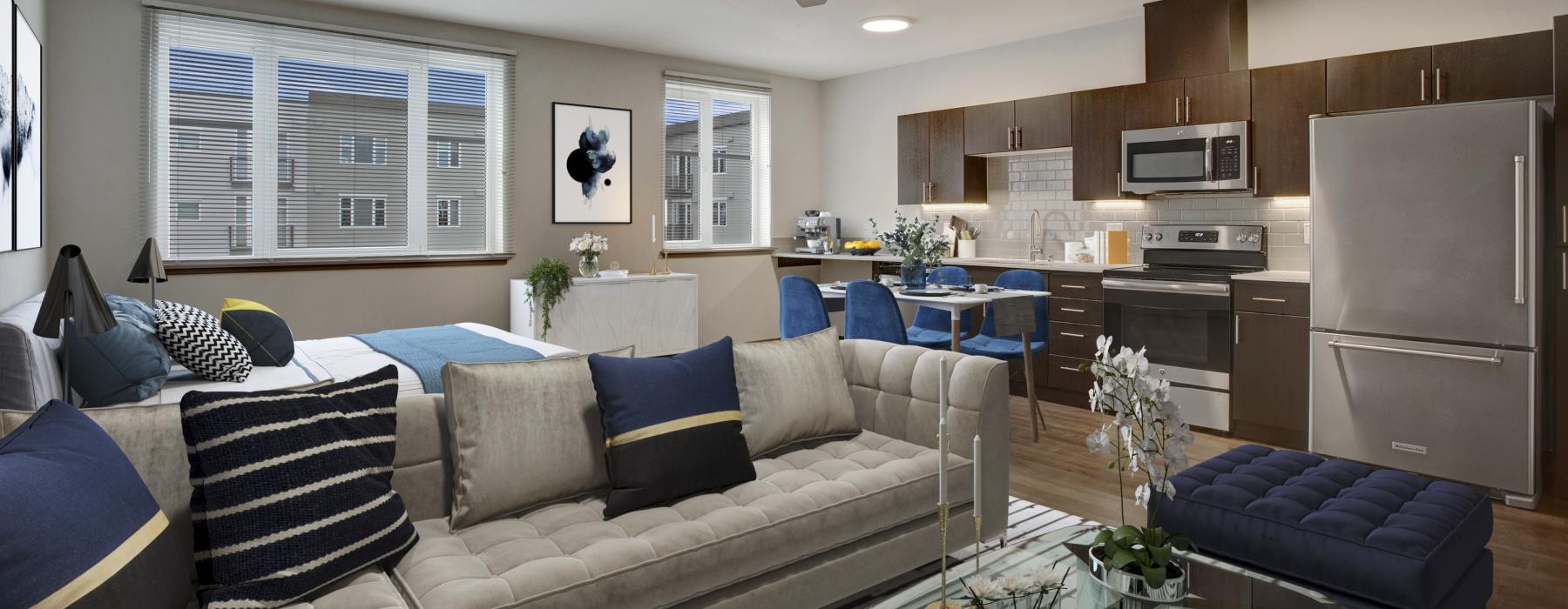 a living room with a couch and a table