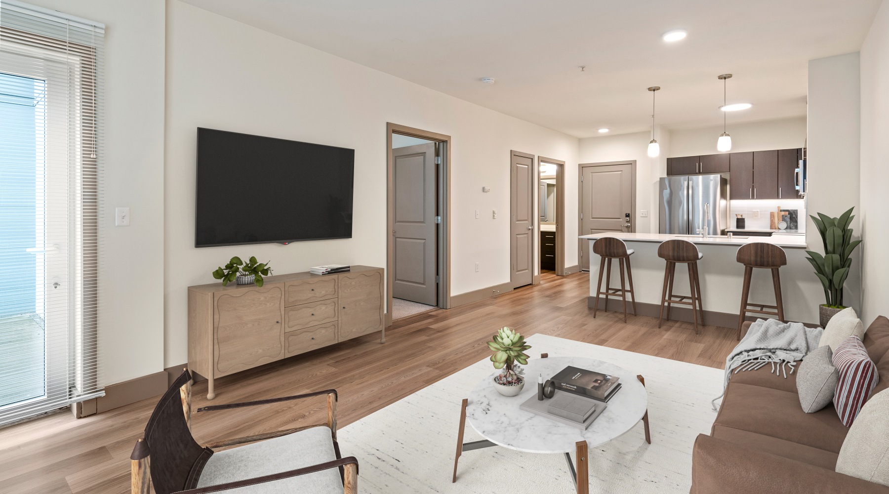 a living room with a couch and coffee table